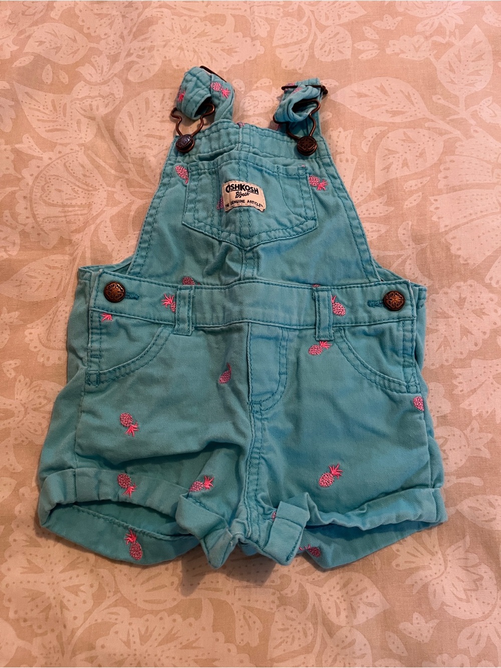 OshKosh B'gosh Turquoise Short Denim Overalls with Pink Pineapple Embroidery